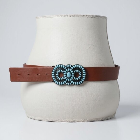 Western Concho Belt Vegan Leather Turquoise Beaded Brown Large - Picture 4 of 6